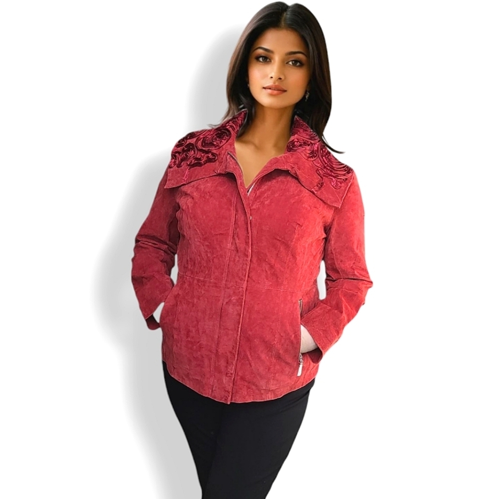 90s Red Suede Rose Collar Jacket Women’s Medium Vintage Leather